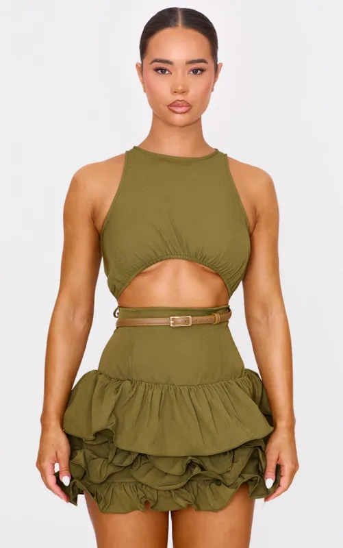 Khaki Cut Out Belted Frill Hem Mini Dress made by Pretty Little Thing