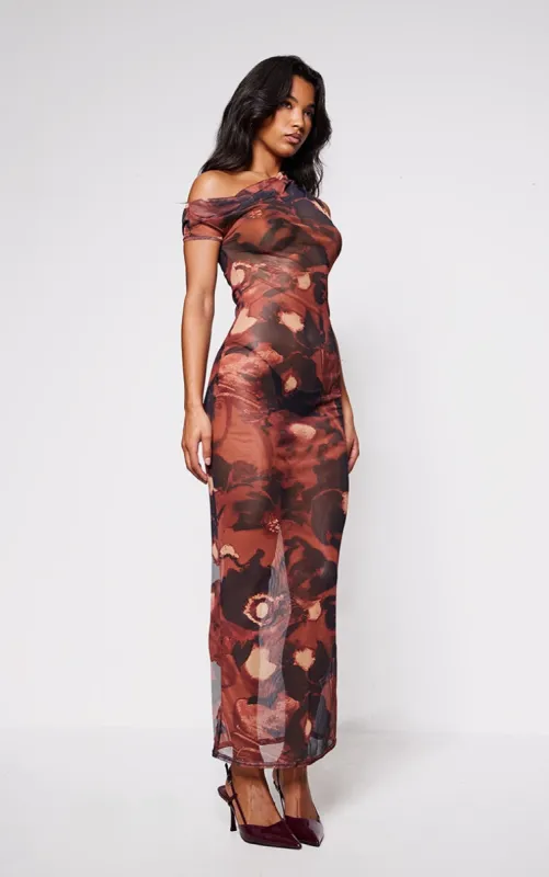 Rust Floral Abstract Printed Mesh Asymmetric Maxi Dress sold by Pretty Little Thing