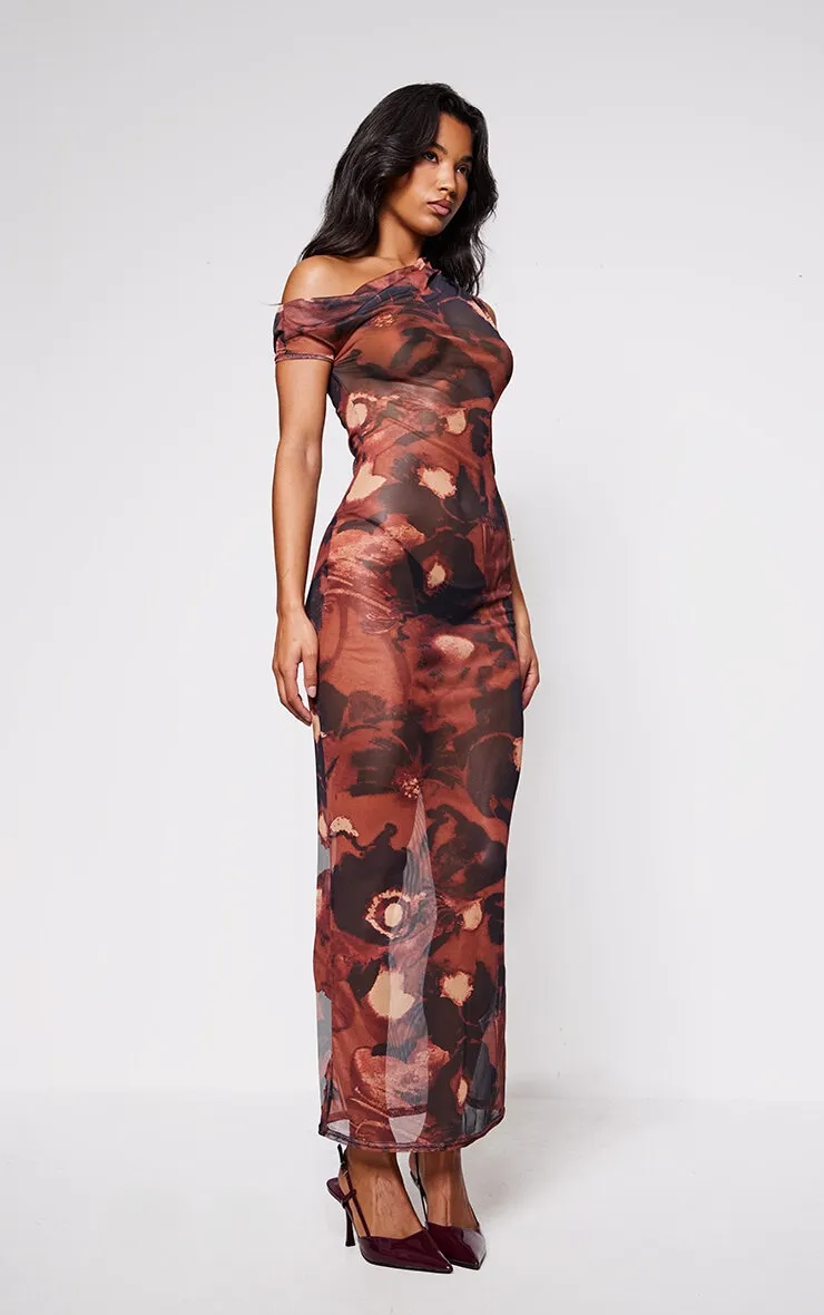 Rust Floral Abstract Printed Mesh Asymmetric Maxi Dress sold by Pretty Little Thing