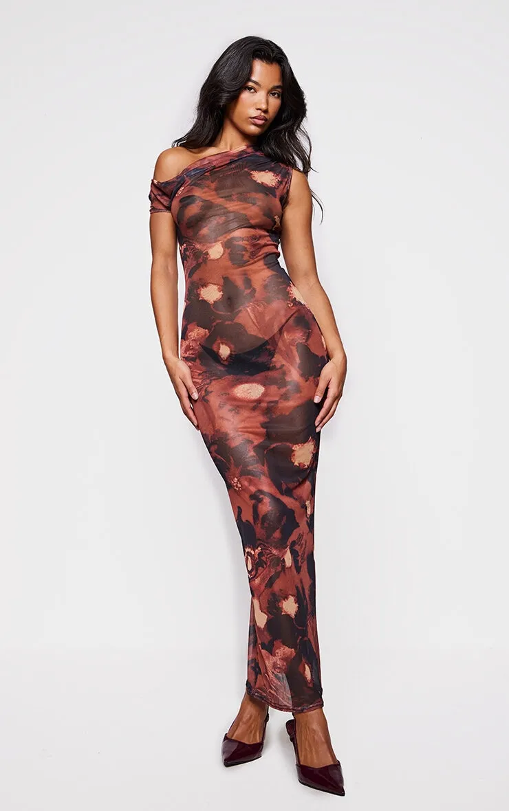 Rust Floral Abstract Printed Mesh Asymmetric Maxi Dress sold by Pretty Little Thing product image thumbnail 3