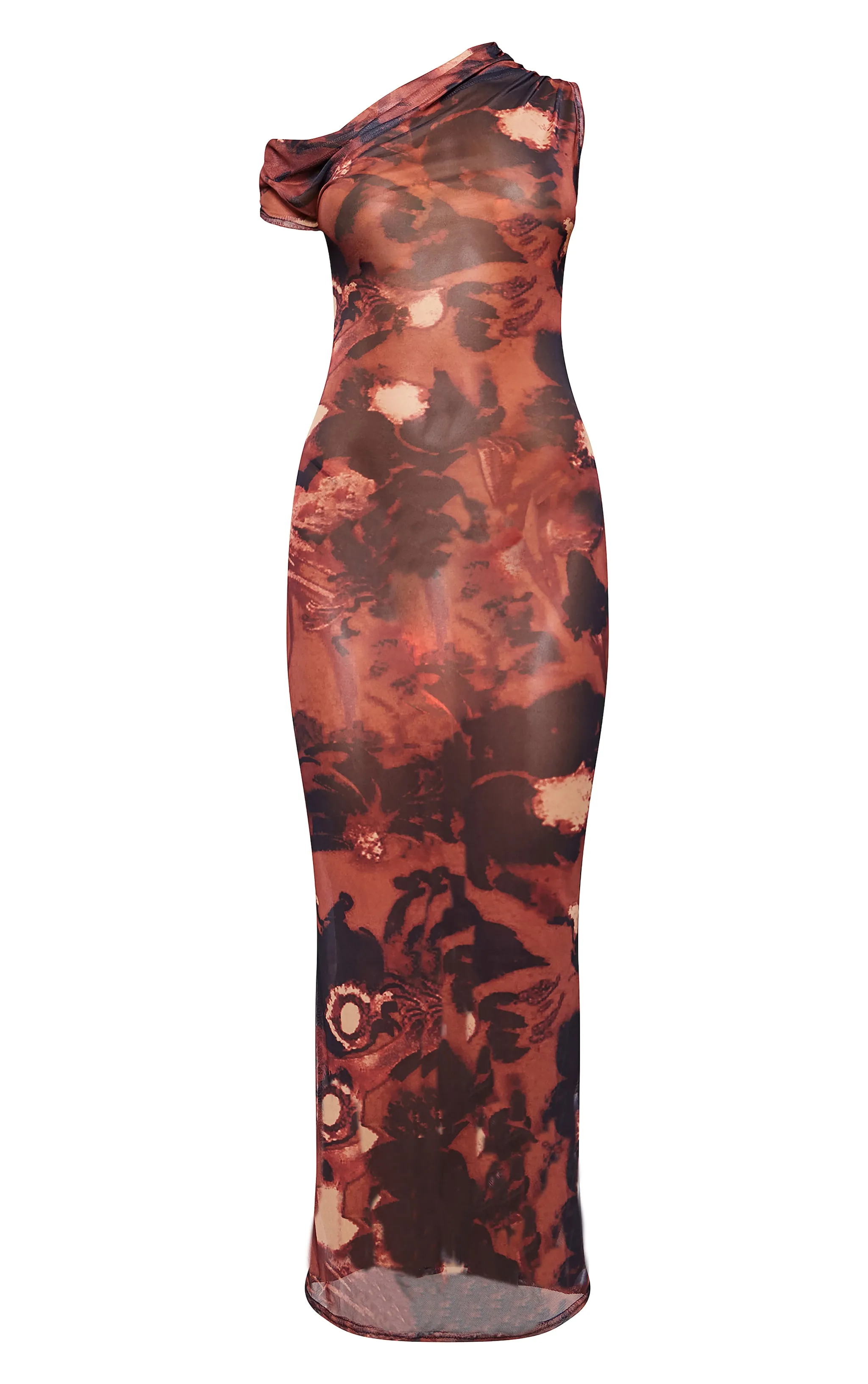 Rust Floral Abstract Printed Mesh Asymmetric Maxi Dress sold by Pretty Little Thing product image thumbnail 5