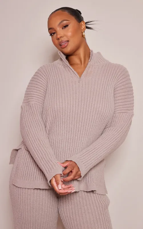 Plus Mocha Zip Ribbed Knitted Jumper sold by Pretty Little Thing