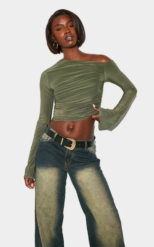 Tall Khaki Slinky Ruched Off The Shoulder Long Sleeve Top sold by Pretty Little Thing