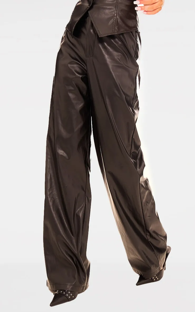 Black Faux Leather Mid Rise Wide Leg Trousers, Black sold by Pretty Little Thing product image thumbnail 2