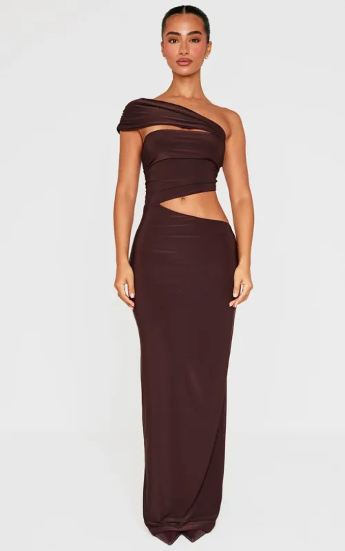 Petite Chocolate Cut Out Slinky Maxi Dress sold by Pretty Little Thing