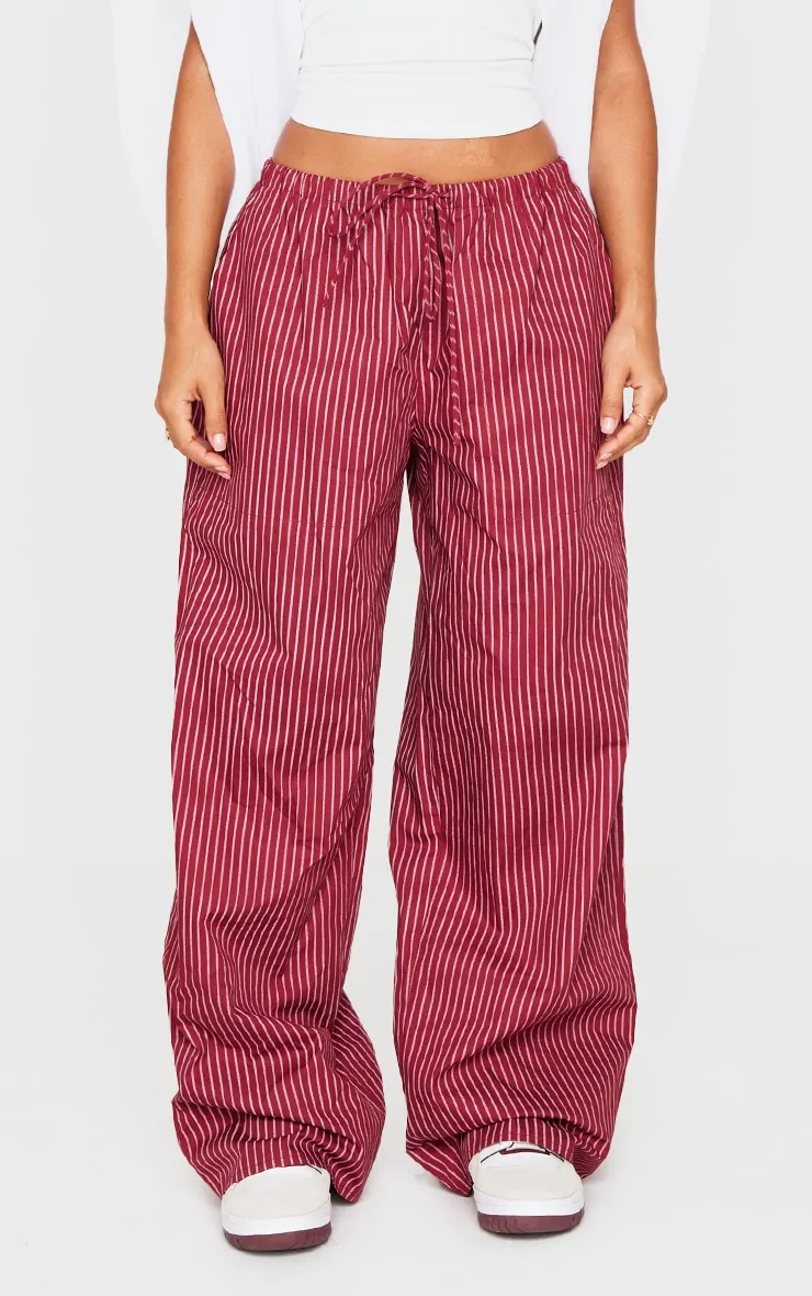 Petite Burgundy Pinstripe Woven Drawstring Waist Low Rise Trousers sold by Pretty Little Thing product image thumbnail 2
