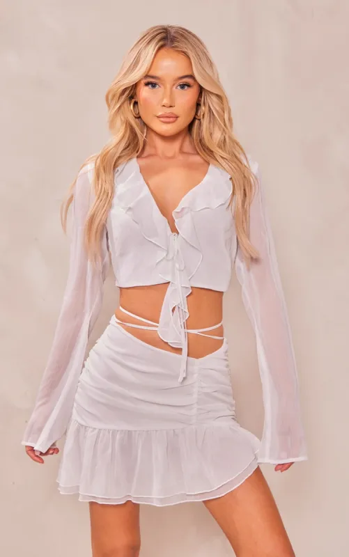 White Textured Chiffon Tie Front Floaty Ruffle Blouse sold by Pretty Little Thing
