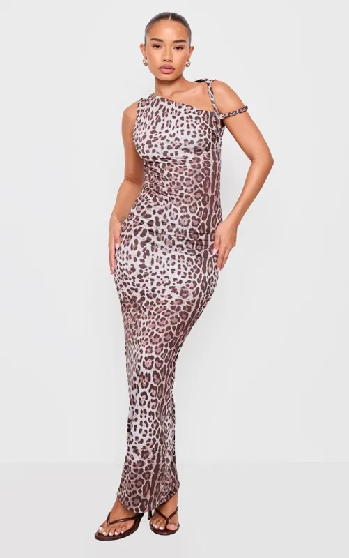 Petite Leopard Print Slinky Twist Shoulder Maxi Dress sold by Pretty Little Thing