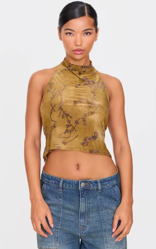 Khaki Devore High Neck Back Detail Long Top sold by Pretty Little Thing