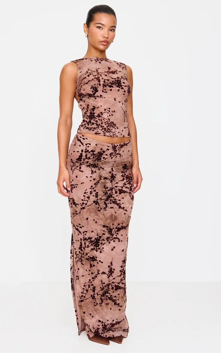 Mauve Floral Print Devore Mesh Ruched Maxi Skirt sold by Pretty Little Thing