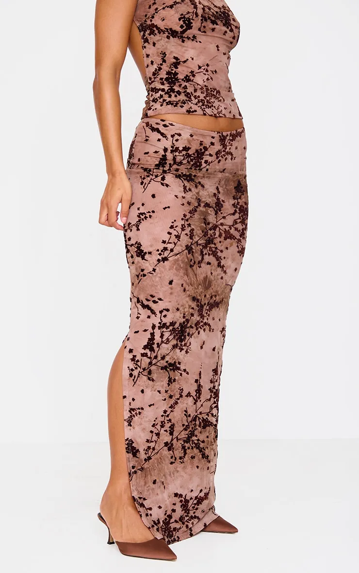 Mauve Floral Print Devore Mesh Ruched Maxi Skirt sold by Pretty Little Thing product image thumbnail 2