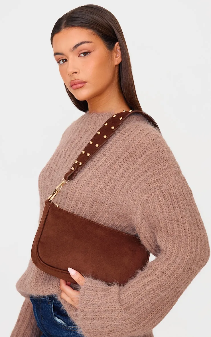 Chocolate Faux Suede Studded Handle Shoulder Bag sold by Pretty Little Thing