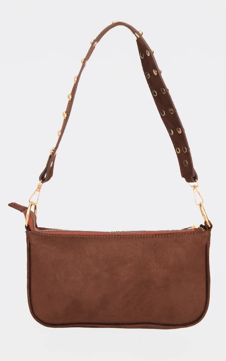 Chocolate Faux Suede Studded Handle Shoulder Bag sold by Pretty Little Thing product image thumbnail 2