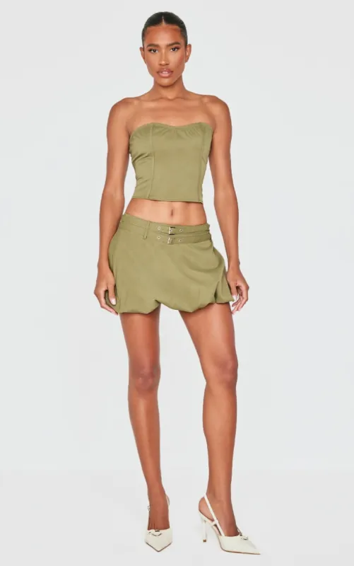 Khaki Twill Buckle Puff Ball Skirt sold by Pretty Little Thing