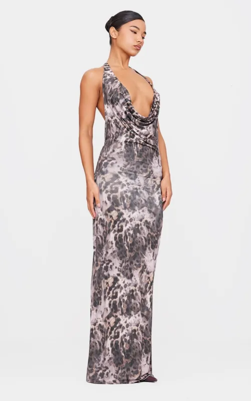 Leopard Slinky Cowl Neck Tie Shoulder Maxi Dress sold by Pretty Little Thing