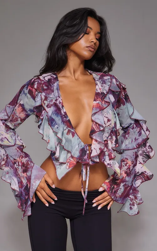 Purple Printed Sheer Woven Ruffle Tie Crop Blouse made by Pretty Little Thing