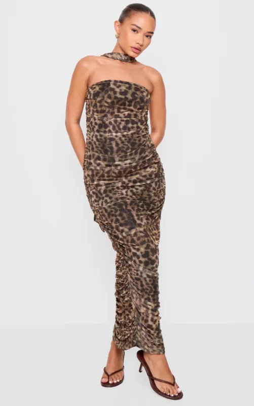 Petite Leopard Print Bandeau Maxi Dress With Scarf Detail sold by Pretty Little Thing