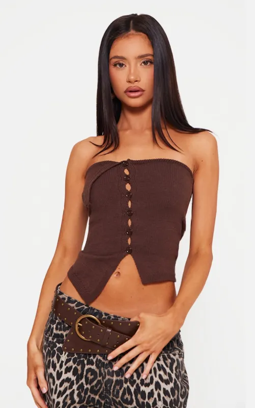 Petite Chocolate Knitted Bandeau Button Down Top sold by Pretty Little Thing