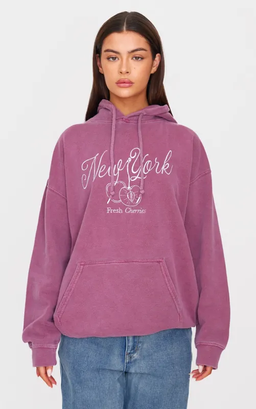 Burgundy New York Cherry Embroidered Hoodie sold by Pretty Little Thing
