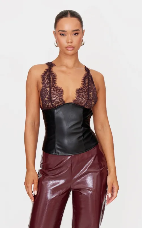 Black Faux Leather Lace Bust Detail Long Top sold by Pretty Little Thing
