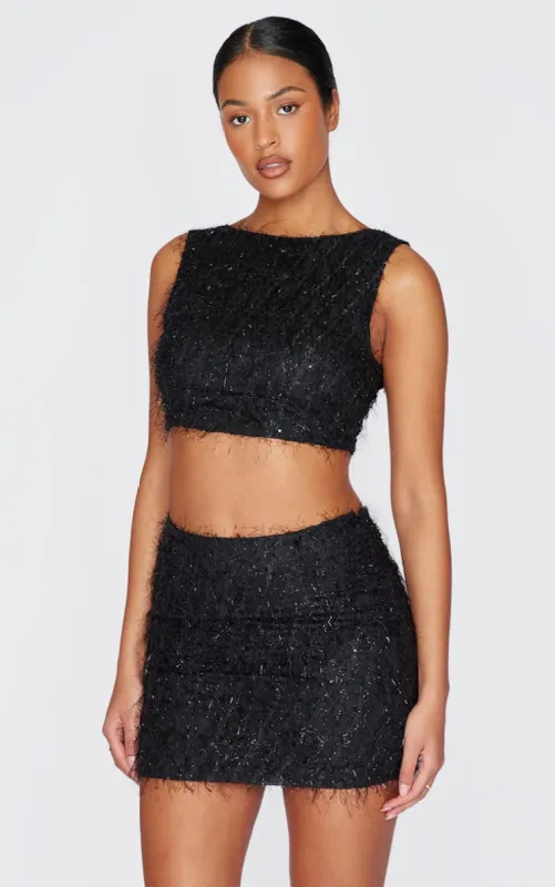 Tall Black Sequin Detail Open Back Crop Top sold by Pretty Little Thing