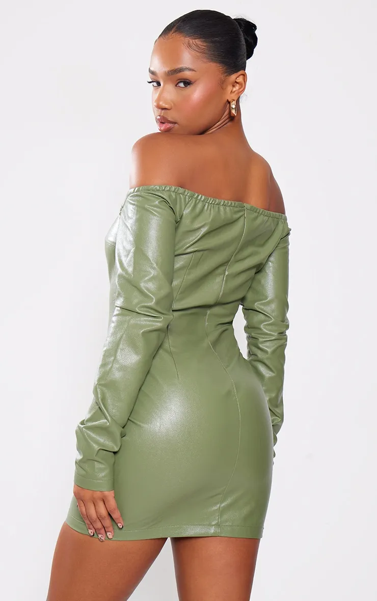 Khaki Faux Leather Bardot Long Sleeve Shift Dress sold by Pretty Little Thing product image thumbnail 2