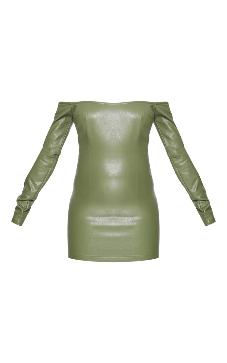 Khaki Faux Leather Bardot Long Sleeve Shift Dress sold by Pretty Little Thing product image thumbnail 5