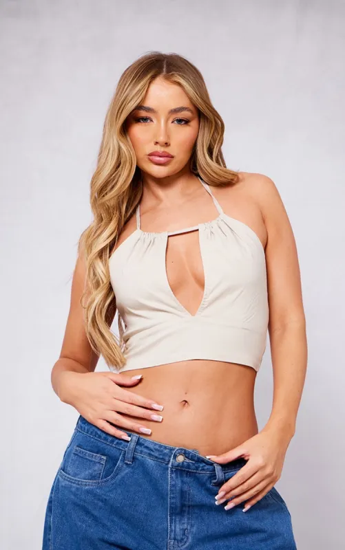 Stone Stretch Woven Halter Cut Out Crop Top sold by Pretty Little Thing