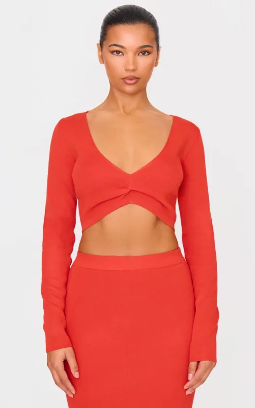 Red Soft Rib Knit Twist Front Long Sleeve Top made by Pretty Little Thing