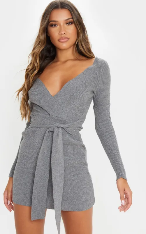 Grey Wrap Front Rib Knit Belted Dress sold by Pretty Little Thing