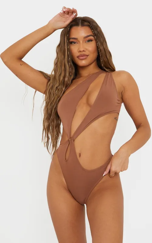 Brown One Shoulder Loop Swimsuit sold by Pretty Little Thing