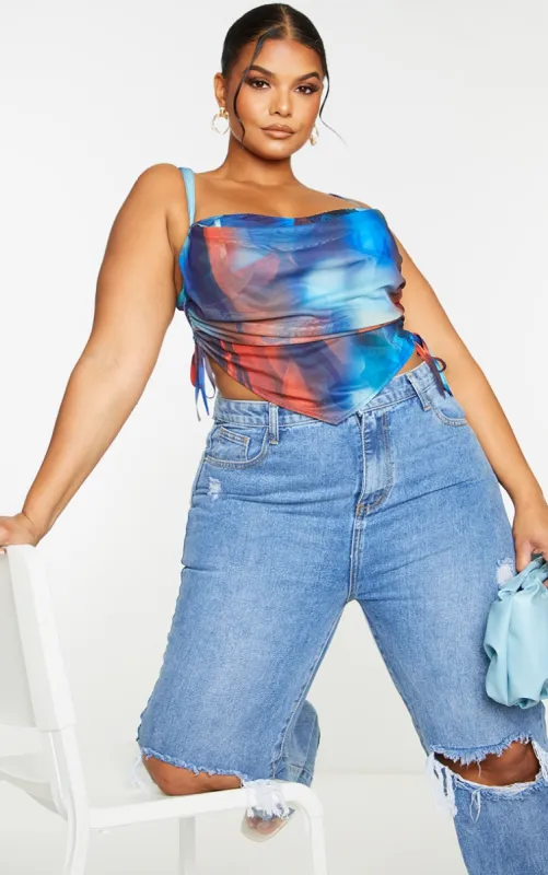 Plus Blue Abstract Print Mesh Layered Corset Top sold by Pretty Little Thing
