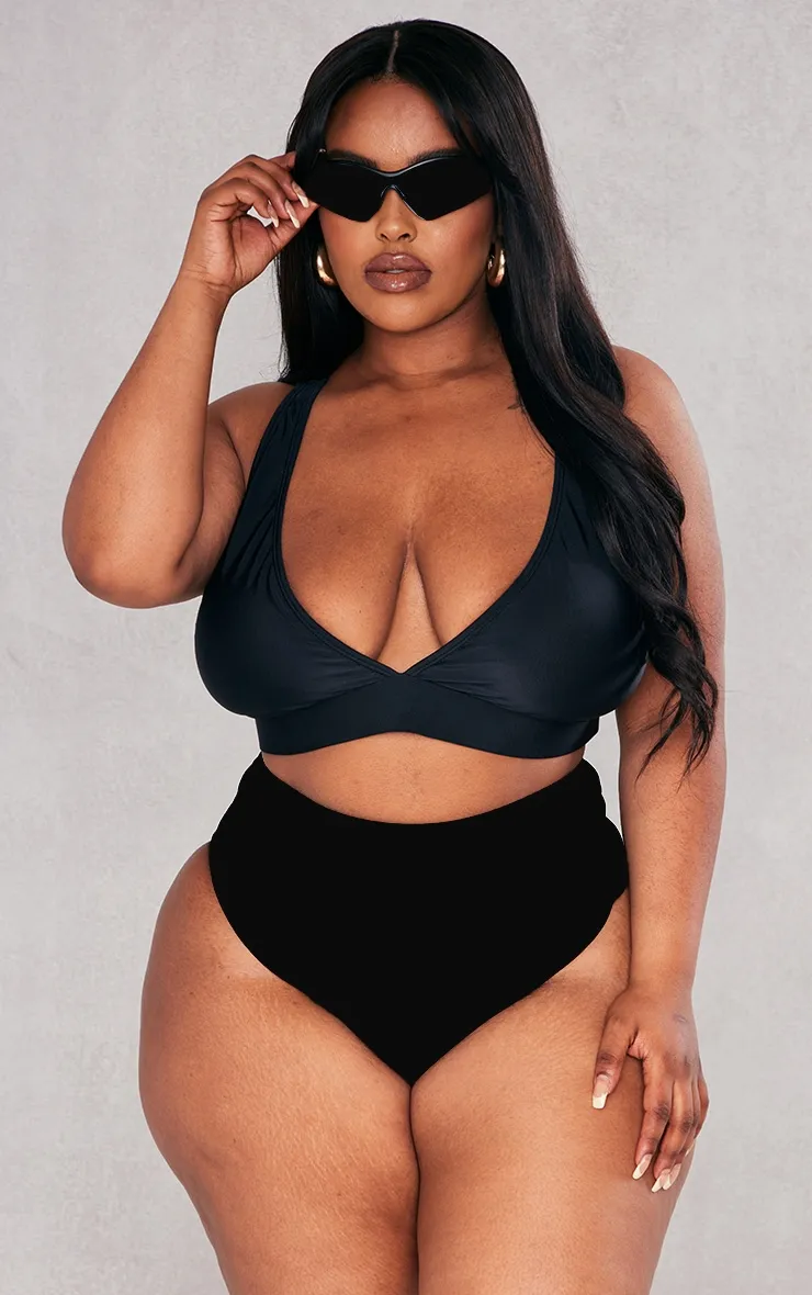 Plus Black Mix & Match Plunge Front Bikini Top sold by Pretty Little Thing