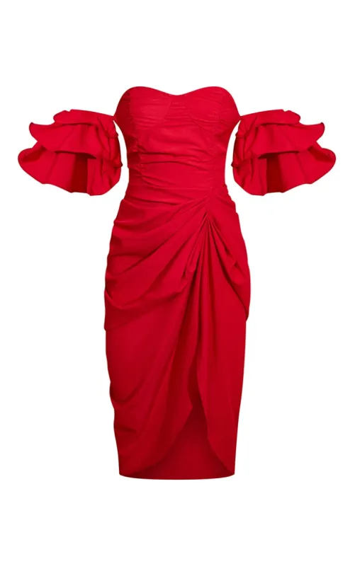 Red Bardot Frill Sleeve Draped Midi Dress | Parallel