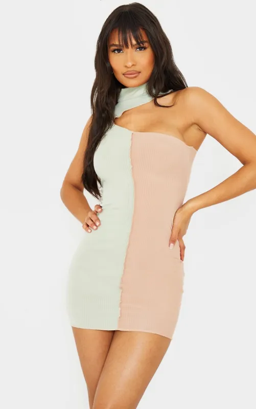 Sage Green Rib One Shoulder Contrast Panelling Overlocked Midaxi Dress sold by Pretty Little Thing