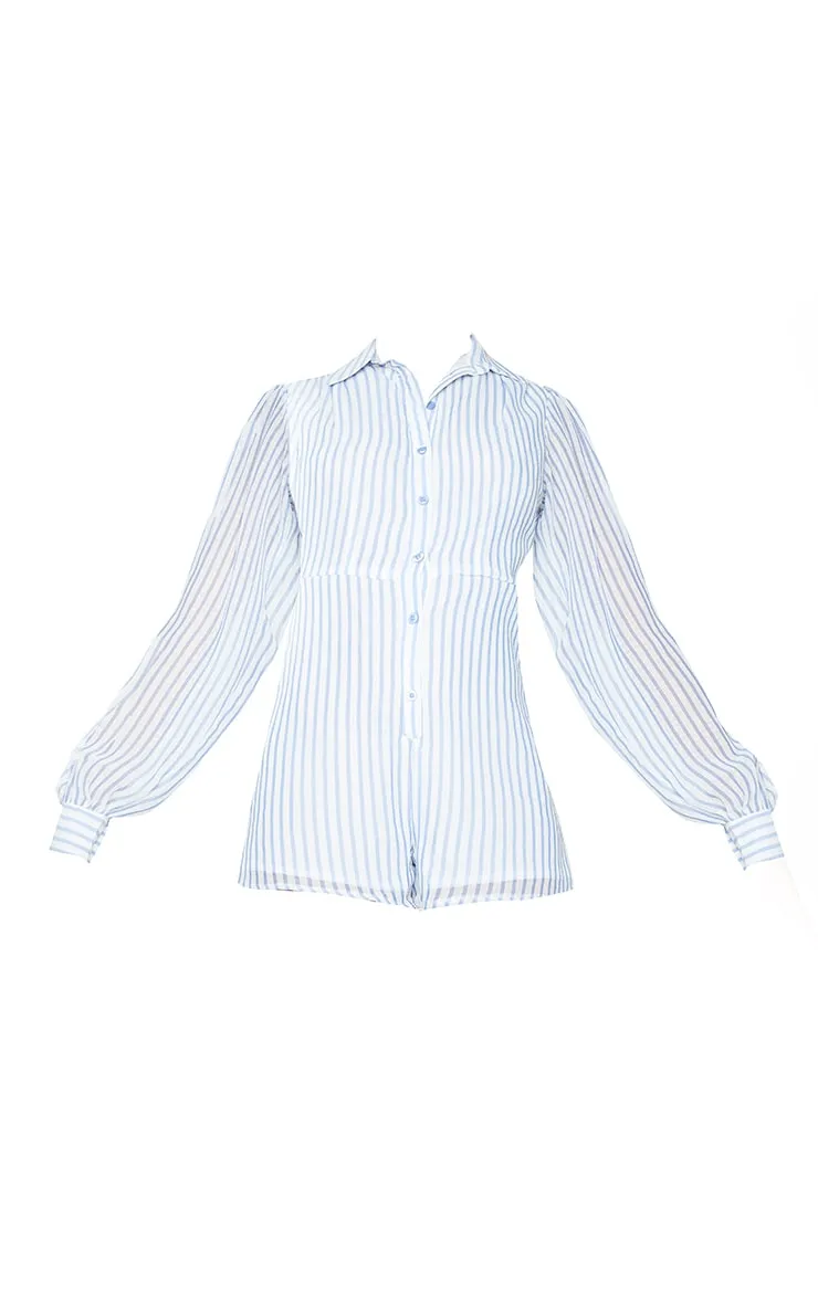 Blue Stripe Balloon Sleeve Shirt Playsuit sold by Pretty Little Thing product image thumbnail 5