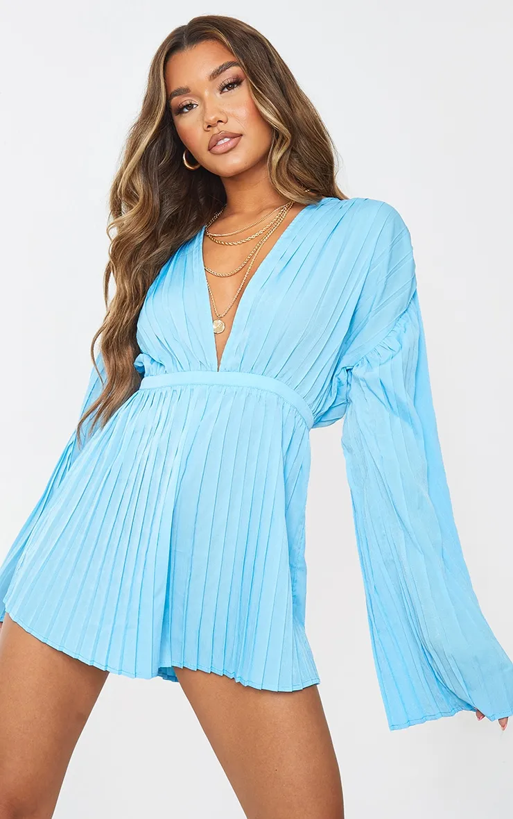 Bright Blue Plunge Pleated Playsuit sold by Pretty Little Thing