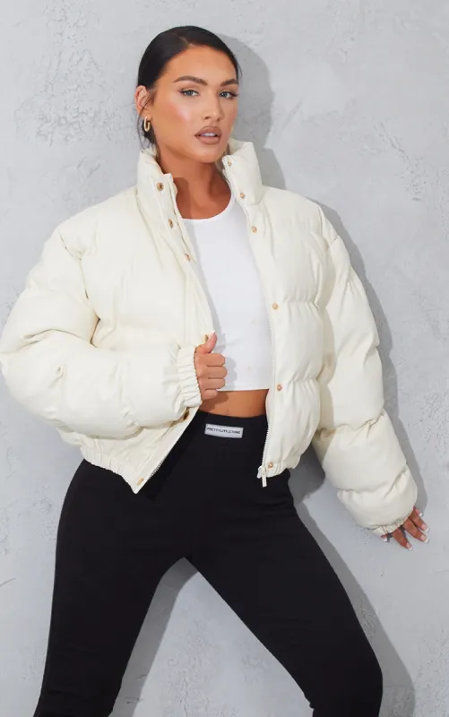 Cream Faux Leather Elastic Hem Bubble Puffer sold by Pretty Little Thing