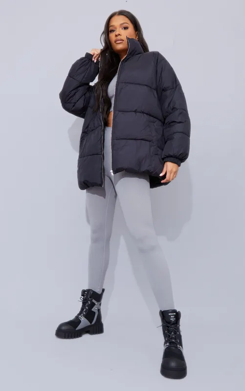 Black Soft Touch Nylon Padded Panel Longline Puffer sold by Pretty Little Thing