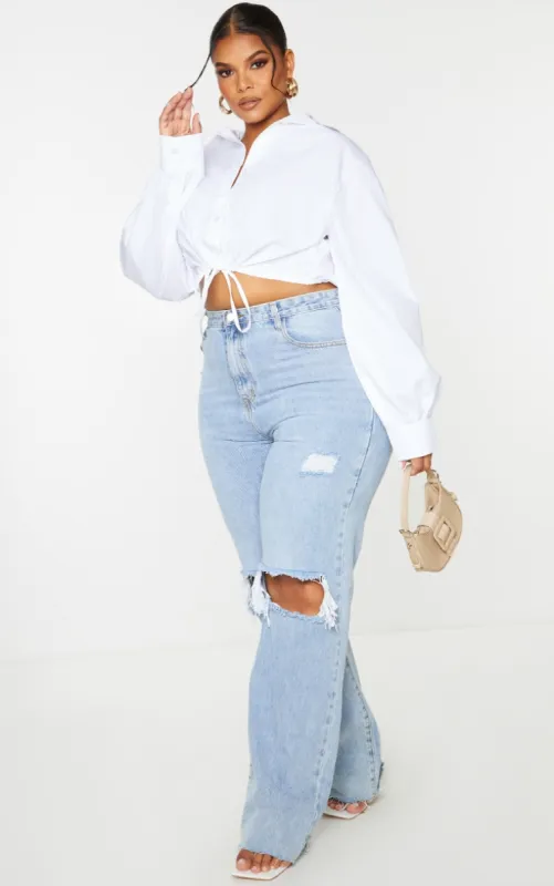 Plus White Tie Waist Cropped Shirt sold by Pretty Little Thing