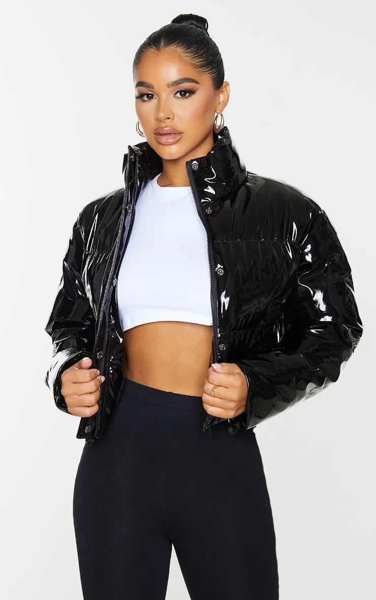 Petite Black Vinyl Puffer Jacket sold by Pretty Little Thing