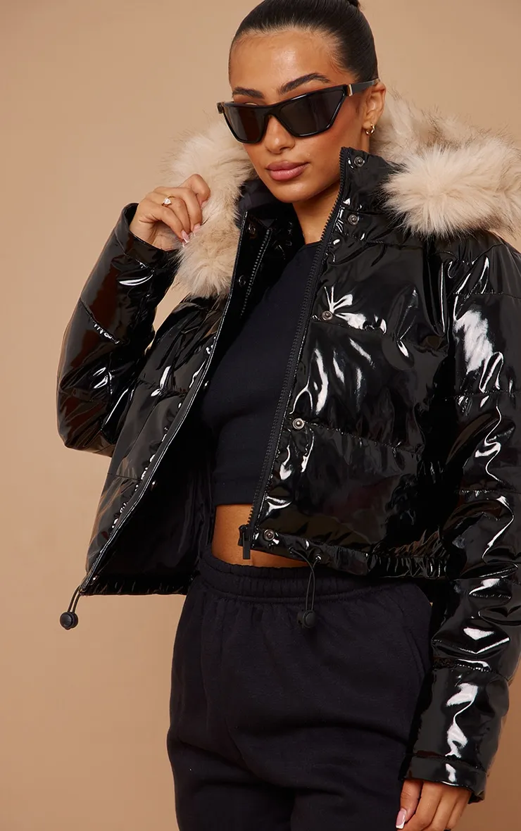 Petite Black Vinyl Faux Fur Hood Puffer Jacket sold by Pretty Little Thing product image thumbnail 4