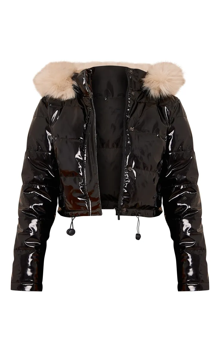 Petite Black Vinyl Faux Fur Hood Puffer Jacket sold by Pretty Little Thing product image thumbnail 5