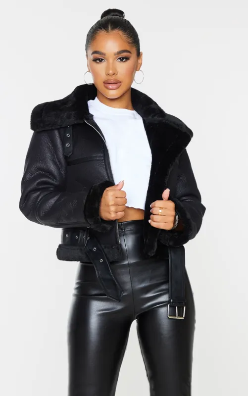 Petite Black Faux Leather Aviator Jacket sold by Pretty Little Thing