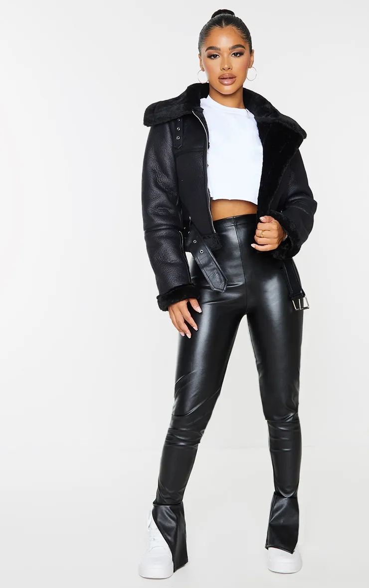 Petite Black Faux Leather Aviator Jacket sold by Pretty Little Thing product image thumbnail 3