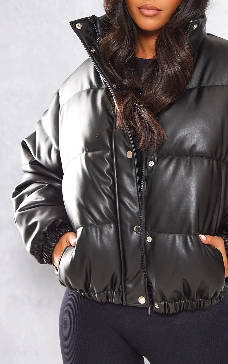 Tall Black Faux Leather Elastic Hem Bubble Puffer sold by Pretty Little Thing product image thumbnail 4