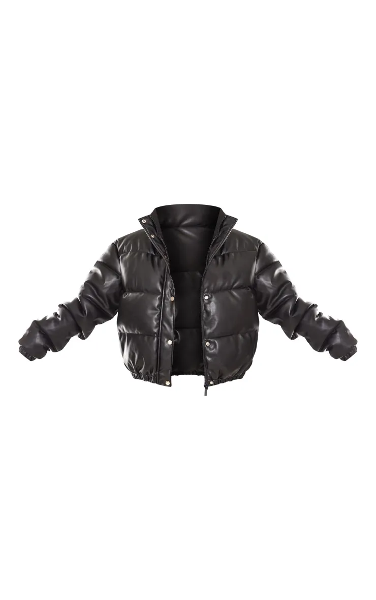 Tall Black Faux Leather Elastic Hem Bubble Puffer sold by Pretty Little Thing product image thumbnail 5