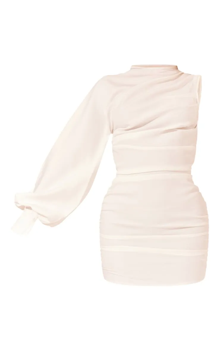 White One Sleeve Ruched Woven Bodycon Dress sold by Pretty Little Thing product image thumbnail 5