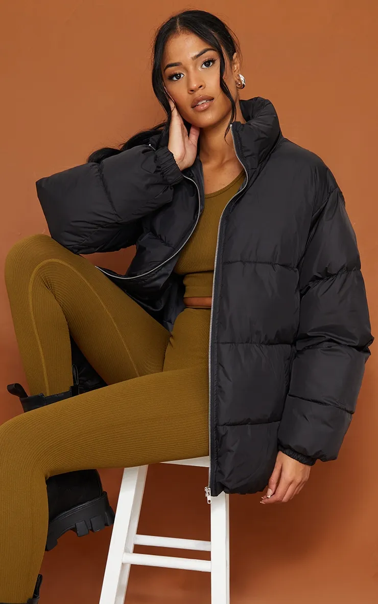 Tall Black Soft Touch Nylon Padded Panel Longline Puffer sold by Pretty Little Thing