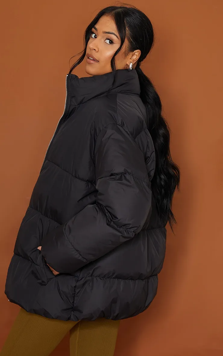 Tall Black Soft Touch Nylon Padded Panel Longline Puffer sold by Pretty Little Thing product image thumbnail 2